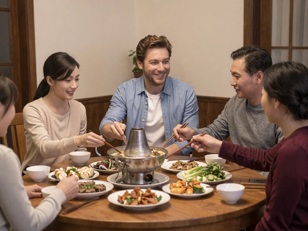 American man dining with Taiwanese family at a traditional round table sharing hotpot and building cross-cultural family bonds