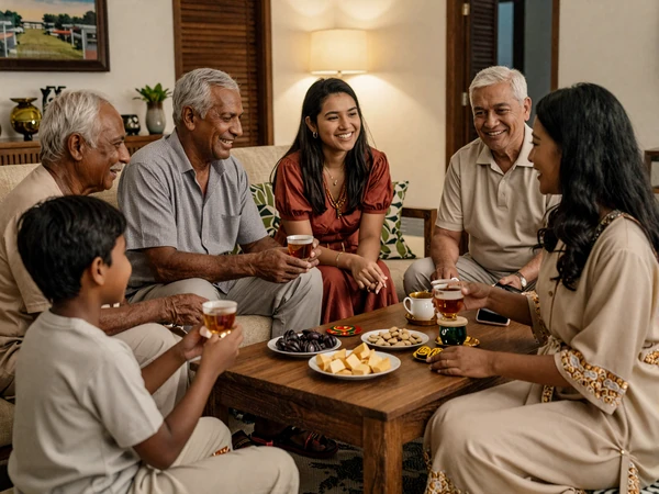 Maldivian family gathering sharing tea and conversation in a warm home setting