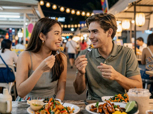 American man and Thai woman enjoying street food together at a Thai night market building cross-cultural connection