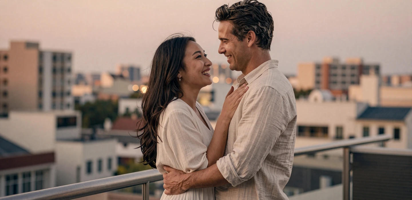 Happy American man and Asian woman couple sharing a tender moment at golden hour