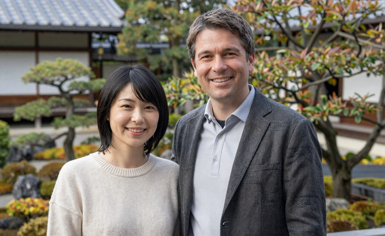 Peter and Yumi, American-Japanese couple standing together in a traditional garden