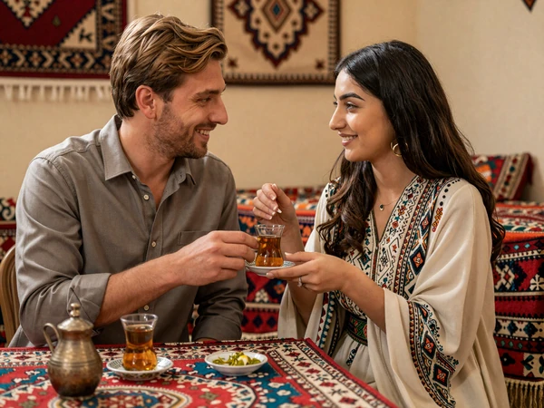 American man and Afghan woman sharing traditional green tea building cross-cultural trust and connection
