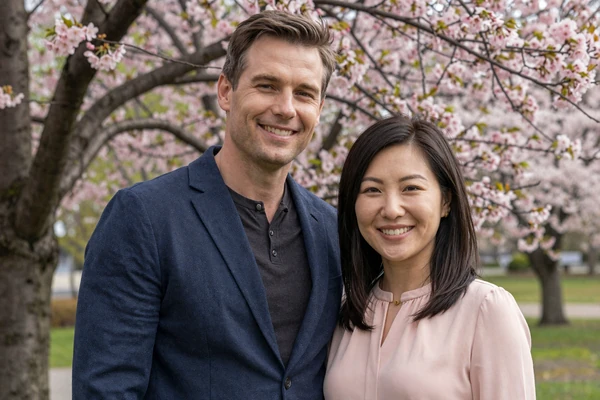 Michael and Mei, an American-Chinese couple who met on Localdatingusa, smiling in a cherry blossom garden