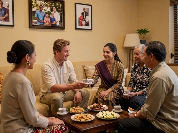 American man meeting Burmese family over traditional tea building cross-cultural trust and warmth