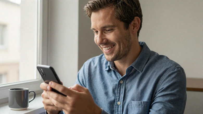 Man reading a genuine online dating message on his phone by morning light