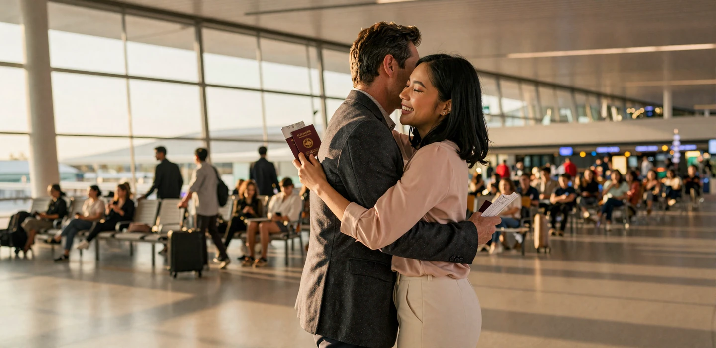 Couple reuniting at airport arrivals after successful K-1 fiancee visa approval