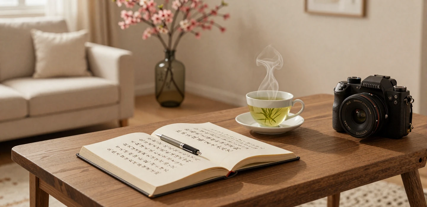 Warm study scene with Asian calligraphy notebook and green tea on wooden table in golden light