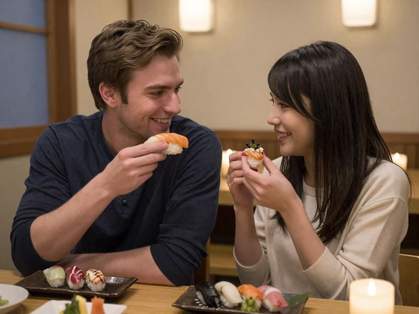 American man and Japanese woman enjoying a warm dinner together building cross-cultural connection
