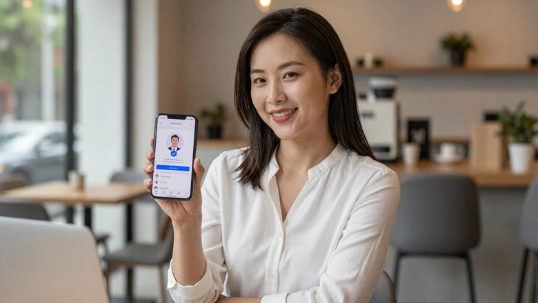 Verified Asian woman smiling at phone showing authentic dating profile with verification badge