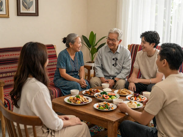 Laotian-American family warmly welcoming partner during traditional family gathering