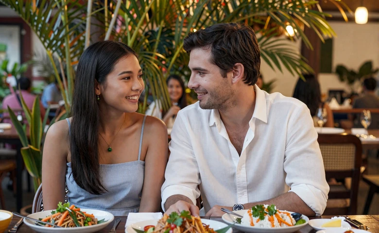 Mark and Ploy, American-Thai couple dining together at an outdoor restaurant in Thailand
