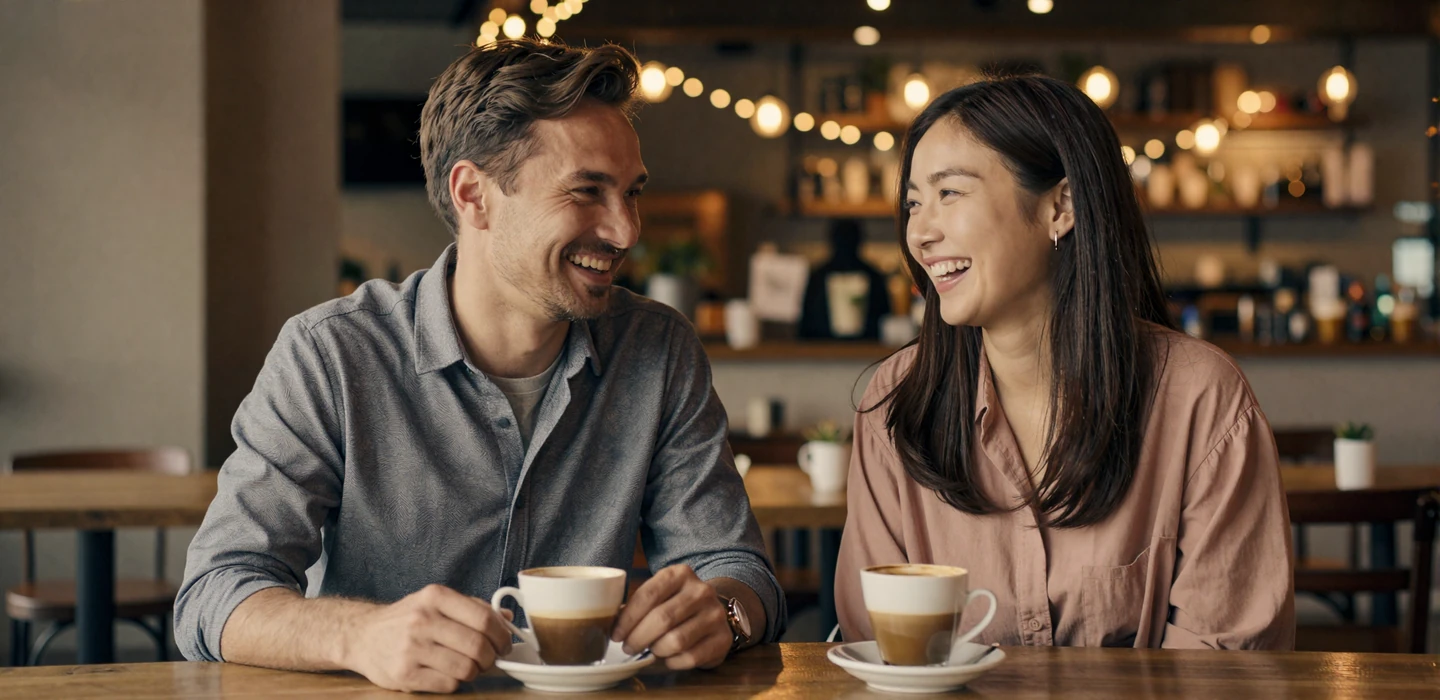 Couple building genuine connection over coffee during an online-to-offline first date