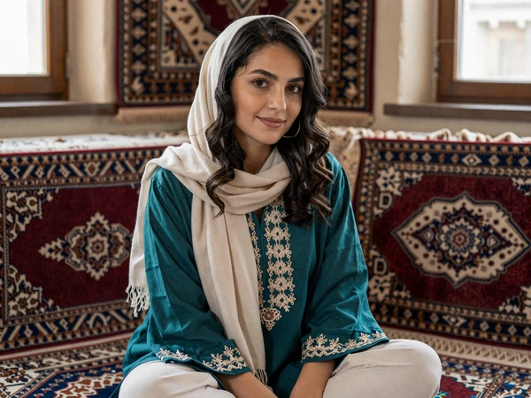 Tajik woman in traditional embroidered tunic in a warmly decorated room showcasing Persian heritage