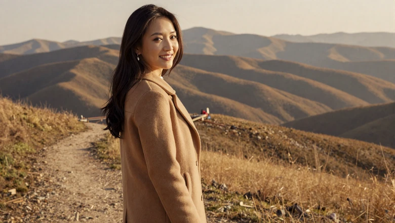 Confident Mongolian woman hiking on a mountain trail during autumn with warm golden light