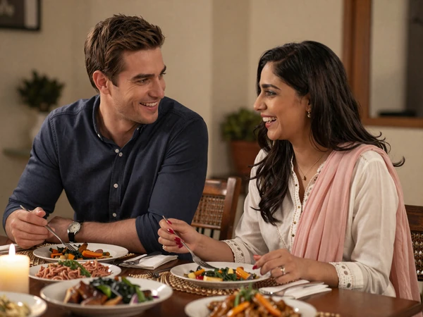 American man and Pakistani woman sharing a warm dinner together building cross-cultural connection