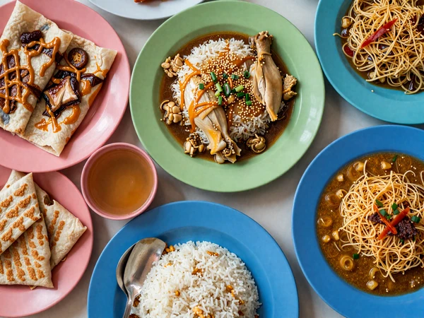 Multicultural Singaporean hawker center food spread featuring chicken rice laksa and nasi lemak representing Singapore's diverse dating food culture