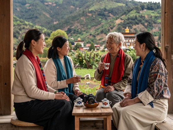 Bhutanese family sharing tea together illustrating the importance of family bonds in Bhutanese courtship traditions