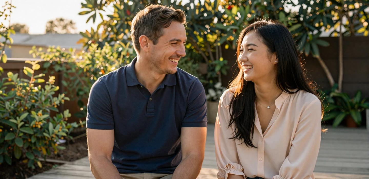 Happy American man and Asian woman couple sitting together in a sunlit garden, genuine smiles