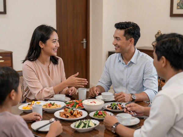 Malaysian woman introducing her American partner to her family during a warm home dinner gathering