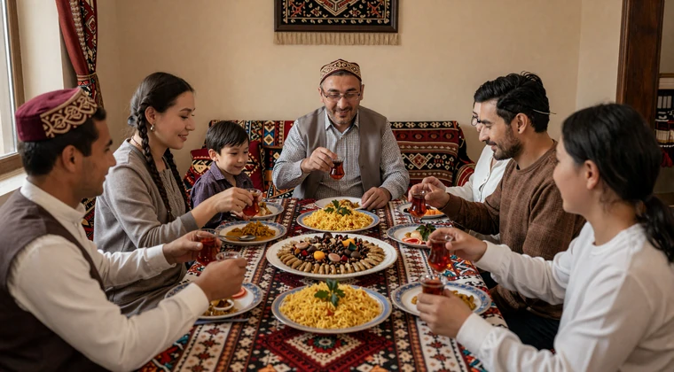 Turkmen family sharing traditional plov and tea during a warm multigenerational gathering celebrating courtship customs