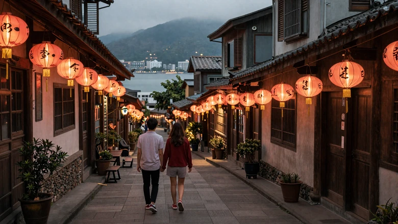 Romantic Jiufen old street in Taiwan with red lanterns at dusk, a couple walking through the narrow stone steps with ocean views